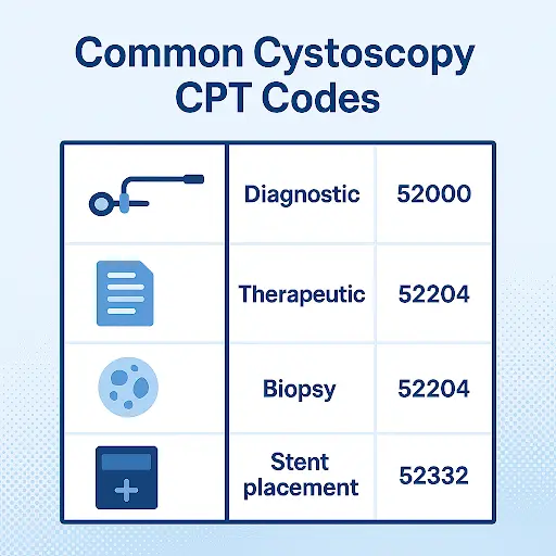  Chart displaying common cystoscopy CPT codes for medical reference.