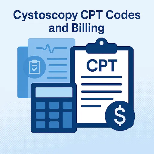 Icons illustrating cytoscopy CPT codes and billing, designed for use in medical billing and coding contexts.