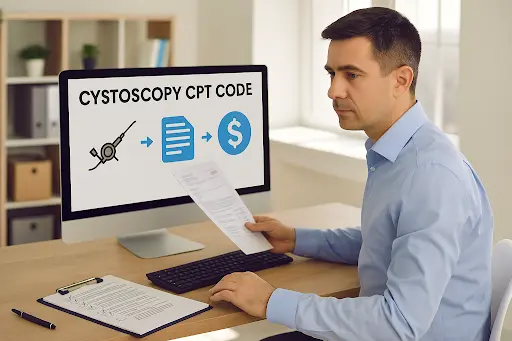 A professional reviewing cystoscopy CPT codes on a computer screen in a medical office setting.