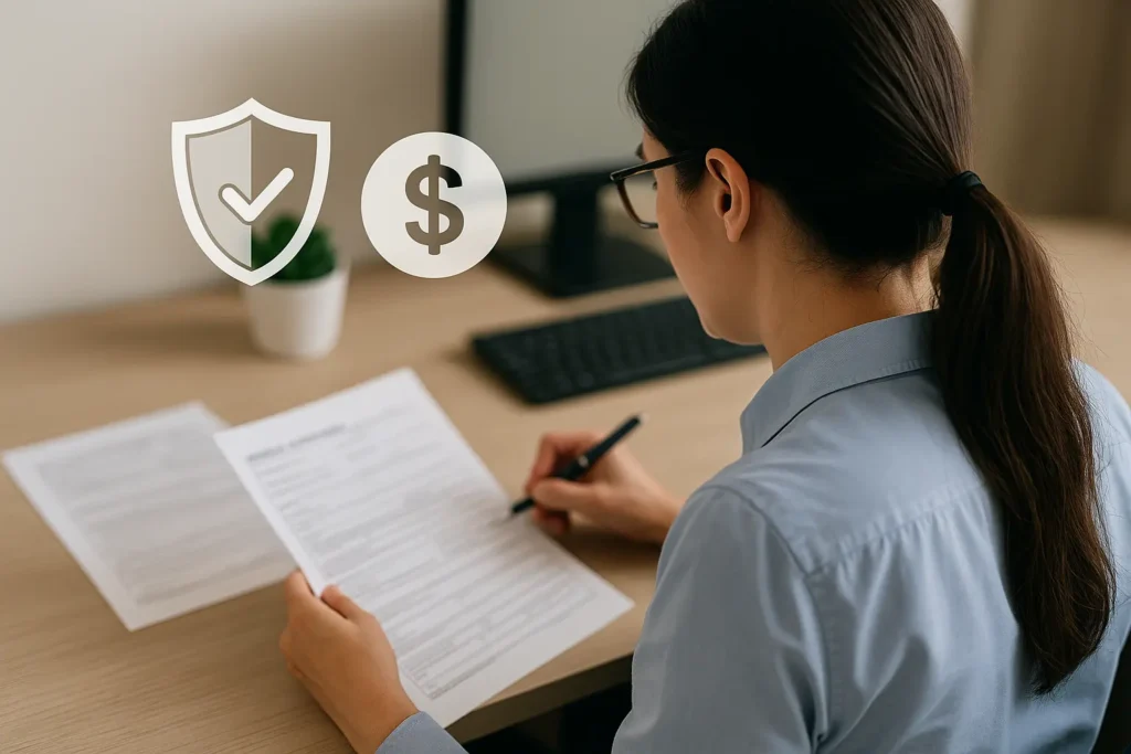 A billing specialist examines claim forms at a desk, featuring overlay icons for compliance, finance, and efficiency.