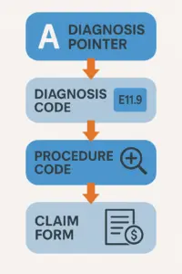 Flow diagram illustrating how diagnosis pointers, codes, and claim forms interact in medical billing processes.