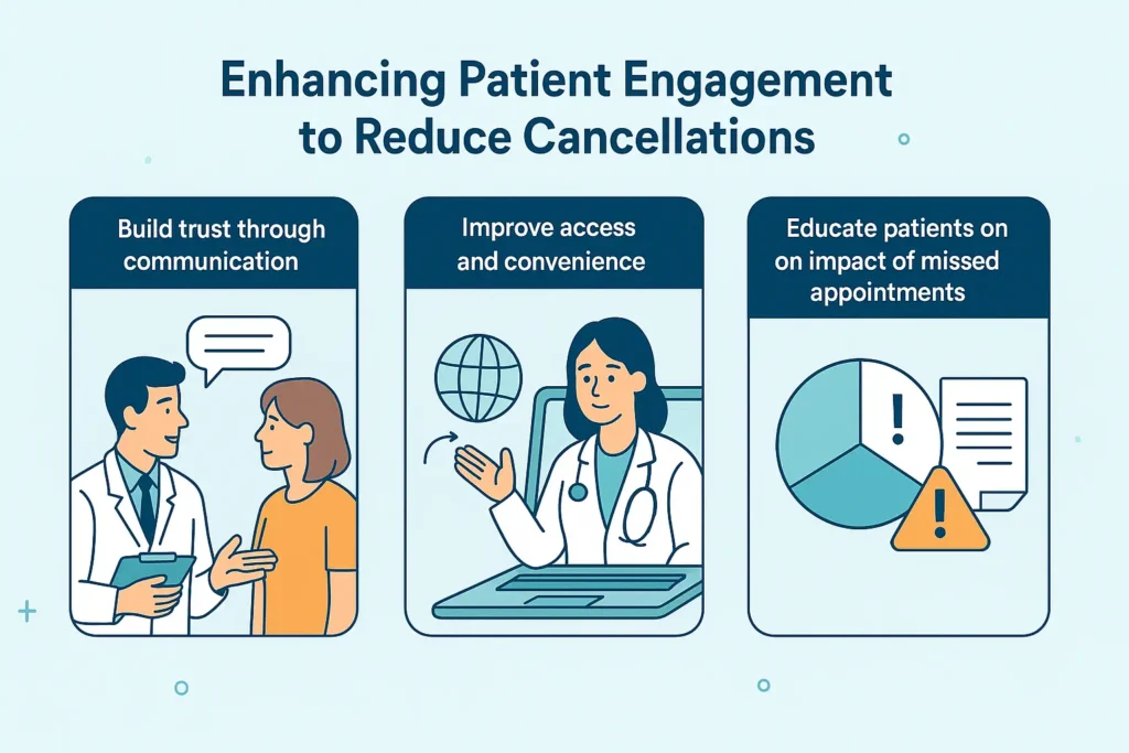 Graphic depicting approaches to boost patient engagement and lower the rate of cancellations.