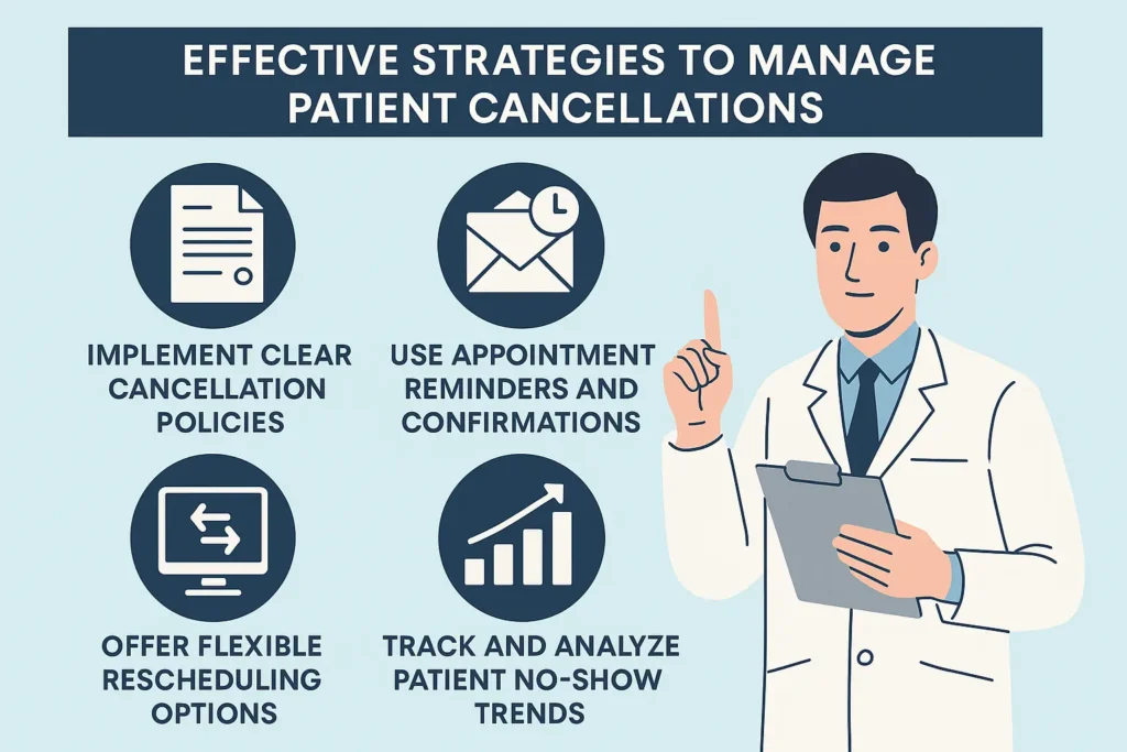 Visual guide outlining effective strategies for managing patient cancellations in healthcare settings.