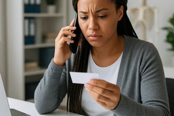 A woman talking on the phone, holding a business card in her hand, indicating a business-related discussion.